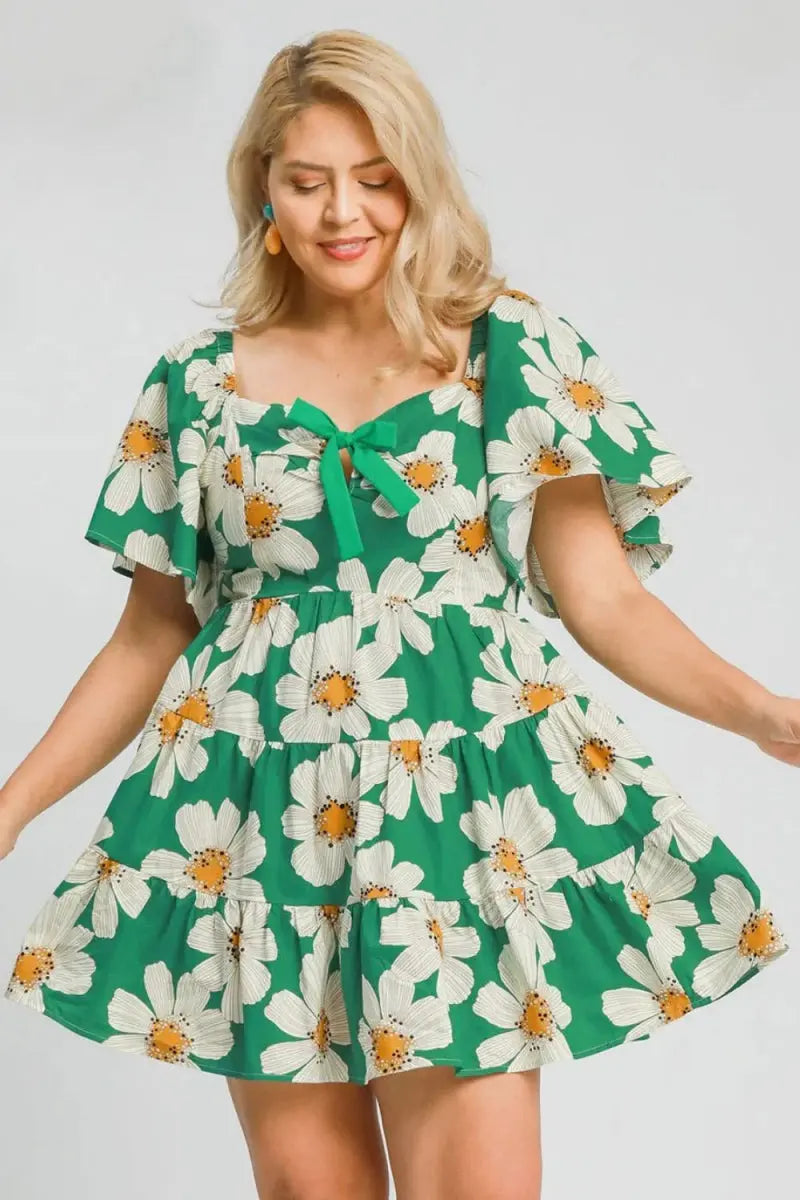 Umgee Full Size Daisy Print Mini Dress with Ribbon Details Plus Size - Love Salve